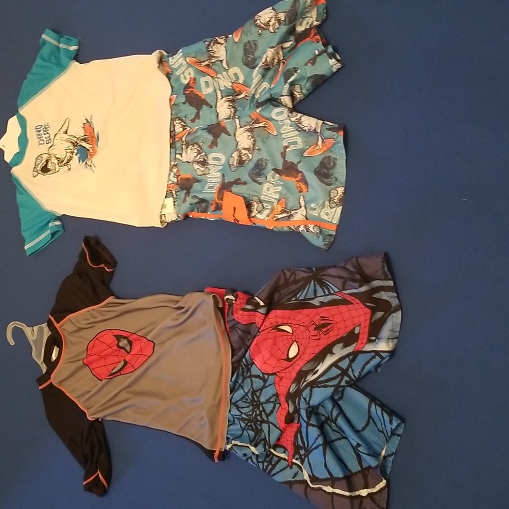 Spiderman and Dinosaur Swim Trunks and Shirts